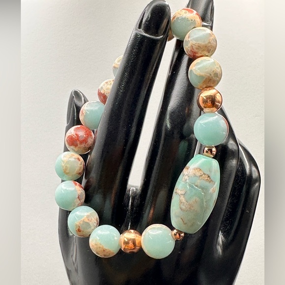 SNAKESKIN ( ICY SKY ) JASPER  NATURAL  BRACELET size 7” - Picture 9 of 9